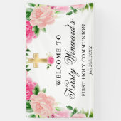 Waterverf Roze Rozen Eerste Heilige Communie Spandoek (Verticaal)