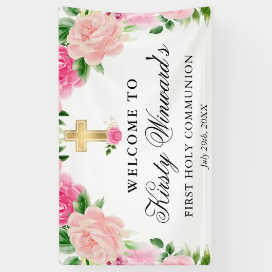 Waterverf Roze Rozen Eerste Heilige Communie Spandoek (Verticaal)