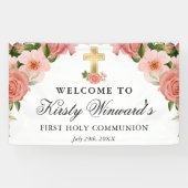 Waterverf Roze Rozen Eerste Heilige Communie Spandoek (Horizontaal)