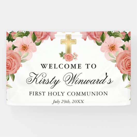 Waterverf Roze Rozen Eerste Heilige Communie Spandoek (Horizontaal)