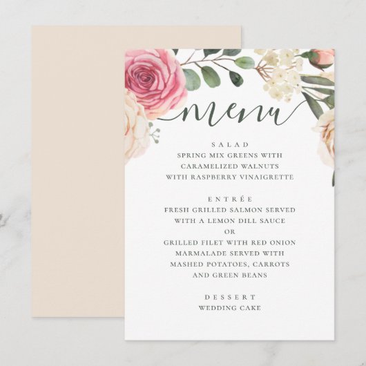 Waterverf roze rozen. Elegante bloemige bruiloft Menu (Voorkant / Achterkant)