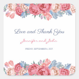 Waterverf roze rozen en blauwe druppels met een lo vierkante sticker