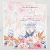 Waterverf roze rozen en blauwe rode bruiloft kaart (Voorkant / Achterkant)