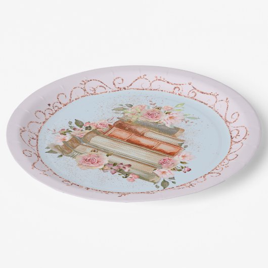 Waterverf  Roze Rozen en Boek Bloemen Papieren Bordje (Gekanteld)