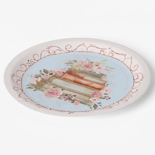 Waterverf  Roze Rozen en Boek Bloemen Papieren Bordje (Gekanteld)