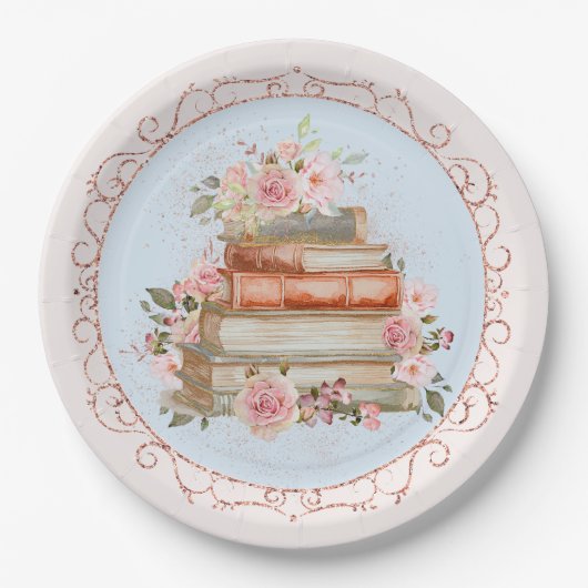 Waterverf  Roze Rozen en Boek Bloemen Papieren Bordje (Voorkant)