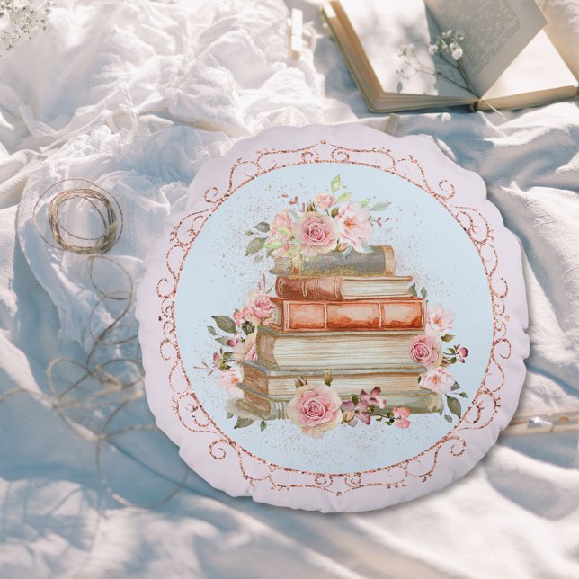 Waterverf  Roze Rozen en Boek Bloemen Rond Kussen (In situ)