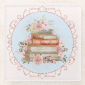 Waterverf  Roze Rozen en Boeken Bloemen Glazen Onderzetter (Voorkant)