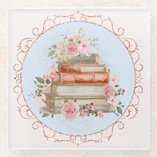 Waterverf  Roze Rozen en Boeken Bloemen Glazen Onderzetter (Voorkant)