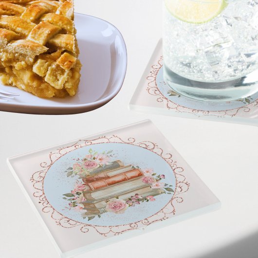 Waterverf  Roze Rozen en Boeken Bloemen Glazen Onderzetter