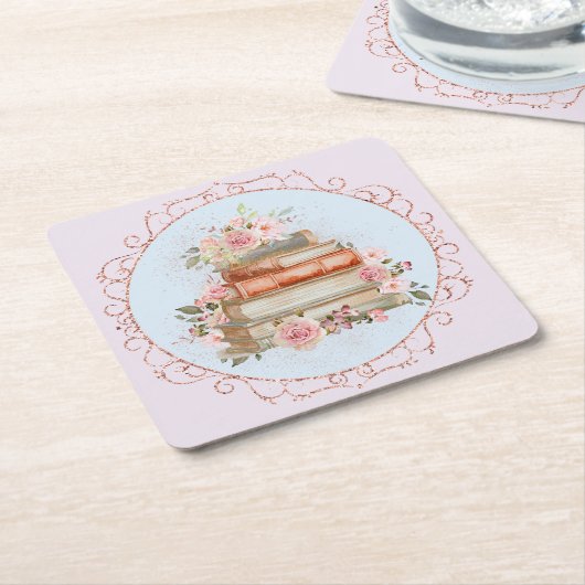 Waterverf  Roze Rozen en Boeken Bloemen Kartonnen Onderzetters (Schuin)