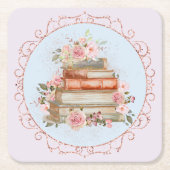 Waterverf  Roze Rozen en Boeken Bloemen Kartonnen Onderzetters (Voorkant)