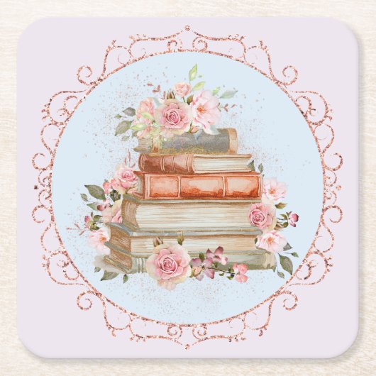Waterverf  Roze Rozen en Boeken Bloemen Kartonnen Onderzetters (Voorkant)