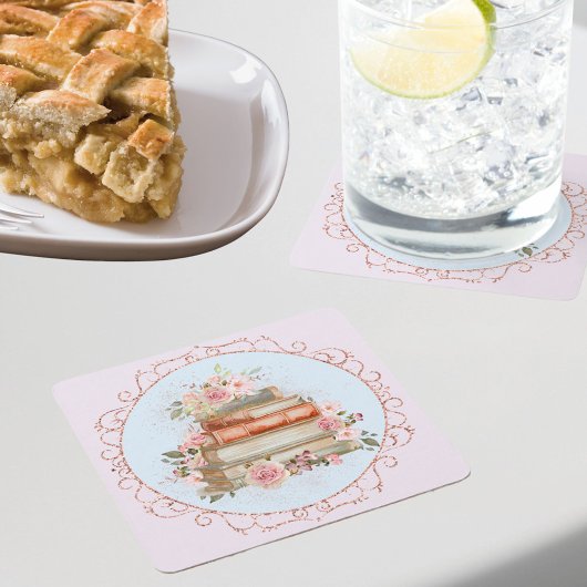 Waterverf  Roze Rozen en Boeken Bloemen Kartonnen Onderzetters