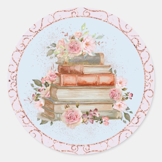 Waterverf  Roze Rozen en Boeken Bloemen Ronde Sticker (Voorkant)
