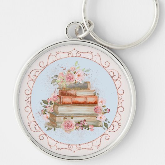 Waterverf  Roze Rozen en Boeken Bloemen Sleutelhanger (Voorkant)