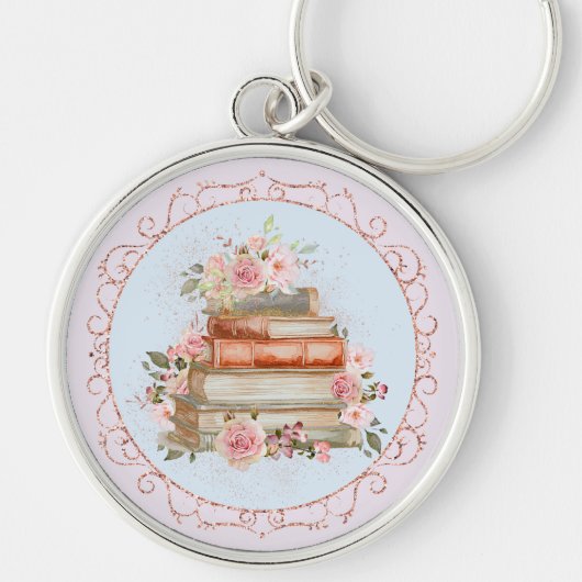 Waterverf  Roze Rozen en Boeken Bloemen Sleutelhanger (Voorkant)