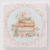 Waterverf Roze Rozen en Boeken Bloemen Stenen Onderzetter (Voorkant)