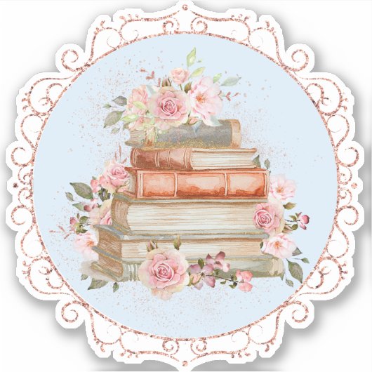 Waterverf  Roze Rozen en Boeken Bloemen Sticker (Voorkant)