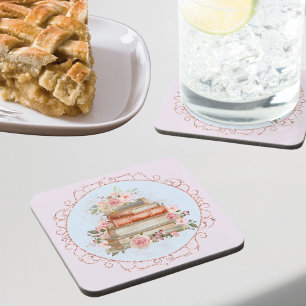 Waterverf Roze Rozen en Boeken Bloemstuk  Bier Onderzetter