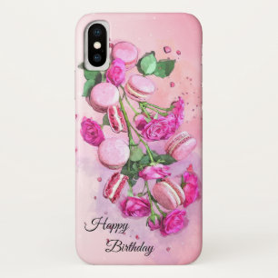 Waterverf roze rozen en Franse Macarons Birthday Case-Mate iPhone Case