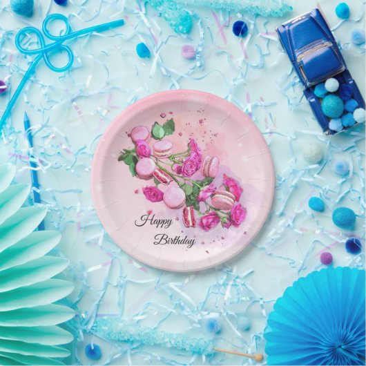 Waterverf roze rozen en Franse Macarons Birthday Papieren Bordje (Feest)