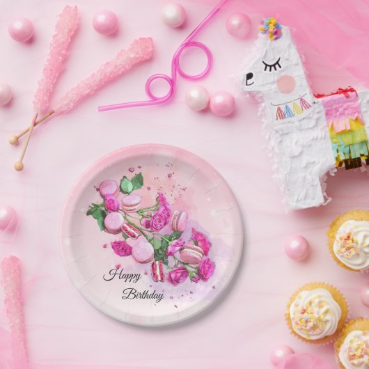 Waterverf roze rozen en Franse Macarons Birthday Papieren Bordje (Feest)