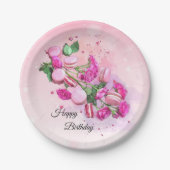 Waterverf roze rozen en Franse Macarons Birthday Papieren Bordje (Voorkant)