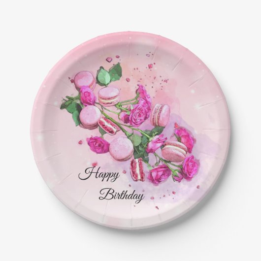 Waterverf roze rozen en Franse Macarons Birthday Papieren Bordje (Voorkant)