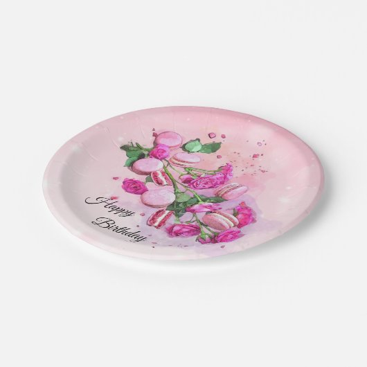 Waterverf roze rozen en Franse Macarons Birthday Papieren Bordje (Gekanteld)