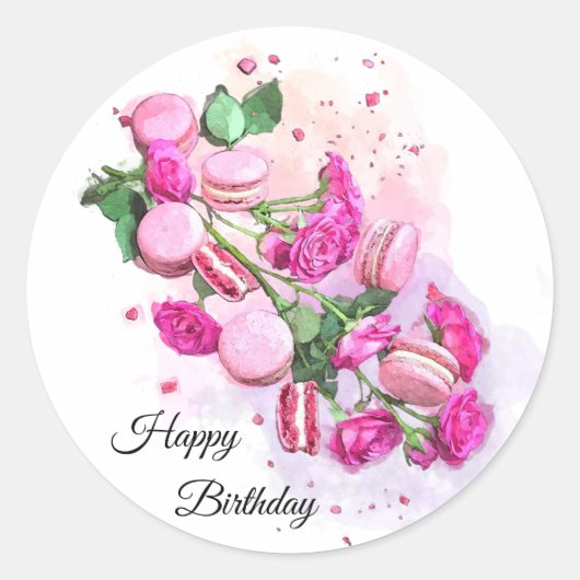 Waterverf roze rozen en Franse Macarons Birthday Ronde Sticker (Voorkant)