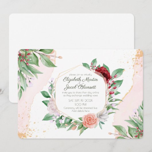 Waterverf roze rozen en groen virtueel huwelijk kaart (Voorkant / Achterkant)