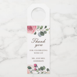 Waterverf roze rozen. Floral bruiloft bedankt Flessenhanger