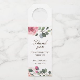 Waterverf roze rozen. Floral bruiloft bedankt Flessenhanger