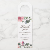 Waterverf roze rozen. Floral bruiloft bedankt Flessenhanger (Voorkant)