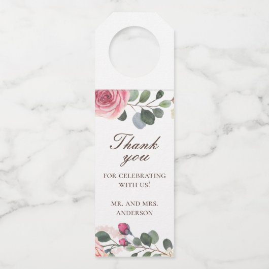 Waterverf roze rozen. Floral bruiloft bedankt Flessenhanger (Voorkant)