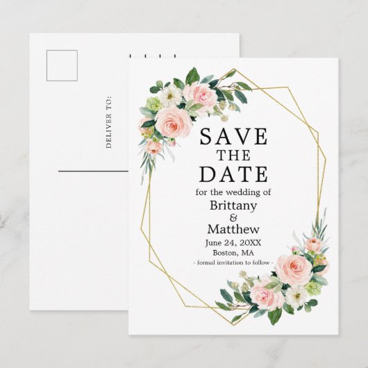 Waterverf Roze Rozen Geo Lijst Save The Date Briefkaart (Voorkant / Achterkant)