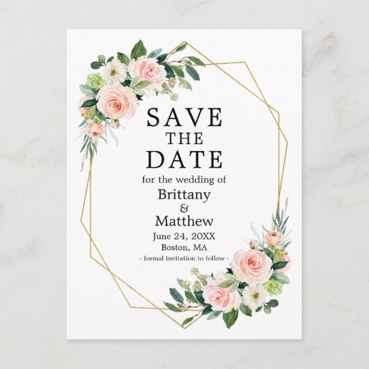 Waterverf Roze Rozen Geo Lijst Save The Date Briefkaart (Voorkant)