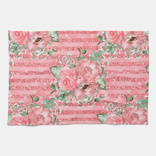 Waterverf Roze Rozen & Glitter Strepen Theedoek (Horizontaal)
