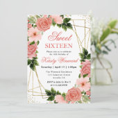 Waterverf Roze Rozen Goud Lijst Sweet 16 Kaart (Staand voorkant)