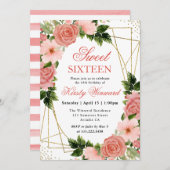 Waterverf Roze Rozen Goud Lijst Sweet 16 Kaart (Voorkant / Achterkant)