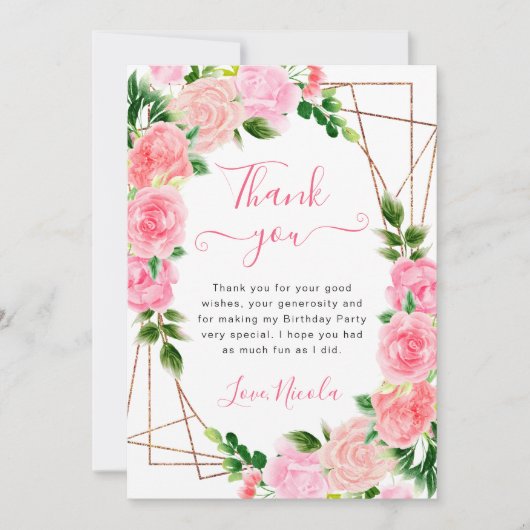 Waterverf Roze Rozen Goud Lijst Verjaardag Bedankkaart (Voorkant)