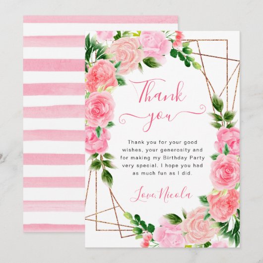 Waterverf Roze Rozen Goud Lijst Verjaardag Bedankkaart (Voorkant / Achterkant)