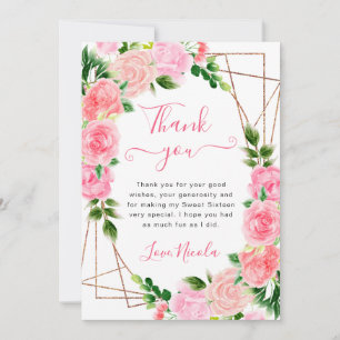 Waterverf Roze Rozen Gouden Lijst Sweet 16 Bedankkaart