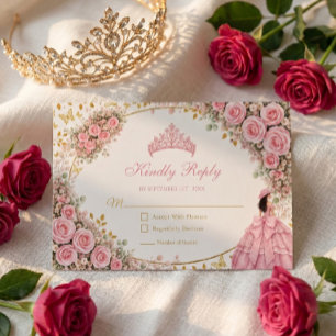 Waterverf Roze Rozen Gouden Tiara Quinceañera RSVP Kaartje