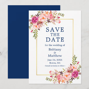 Waterverf roze rozen goudmarineblauw sparen de dat save the date
