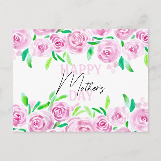 Waterverf Roze Rozen Groene bladeren Moederdag Briefkaart (Voorkant)