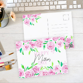 Waterverf Roze Rozen Groene bladeren Moederdag Briefkaart