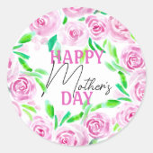 Waterverf Roze Rozen Groene bladeren Moederdag Ronde Sticker (Voorkant)