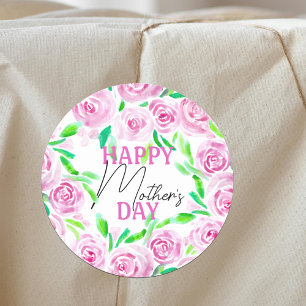 Waterverf Roze Rozen Groene bladeren Moederdag Ronde Sticker